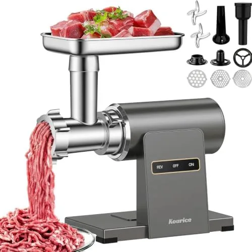 kourice electric meat grinder for home use 2800w peak power heavy duty metal body with auto reverse 2 blades 3 grinding plates sausage stuffer kibbeh kit easy clean white